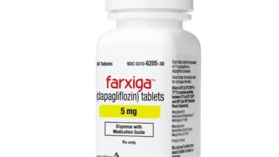 A bottle of Farxiga (dapagliflozin) 5 mg tablets with prescription label and dosage information visible, often prescribed for weight loss management.