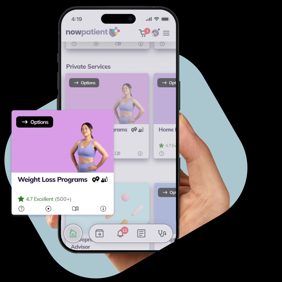 A hand holding a smartphone showing the NowPatient’s app screen, with a Weight Loss Programs card rated 4.7 Excellent by 500+ users.