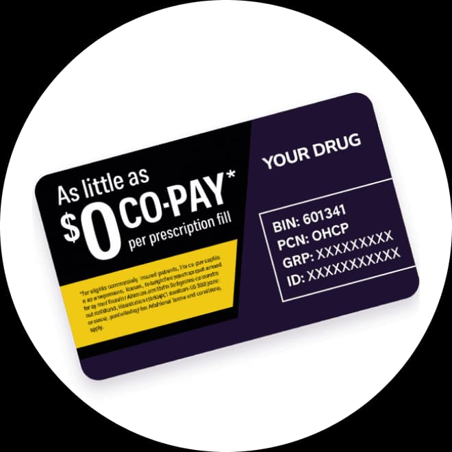 A drug copay savings card showing $0 co-pay per prescription fill, representing NowPatient's medication coupon and drug coupon eligibility checker.