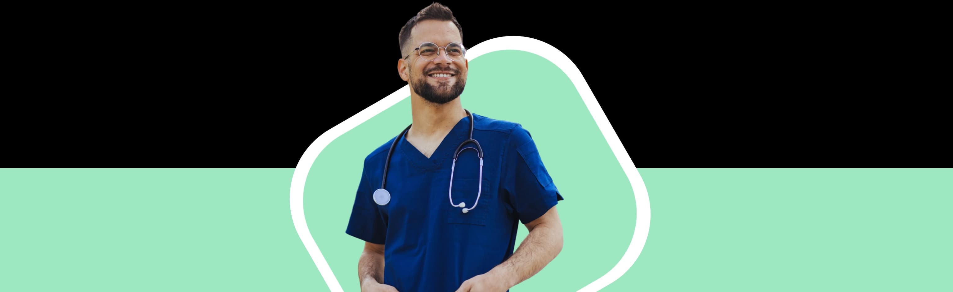 A smiling male clinician in blue scrubs and a stethoscope, representing NowPatient's online prescription treatment service.