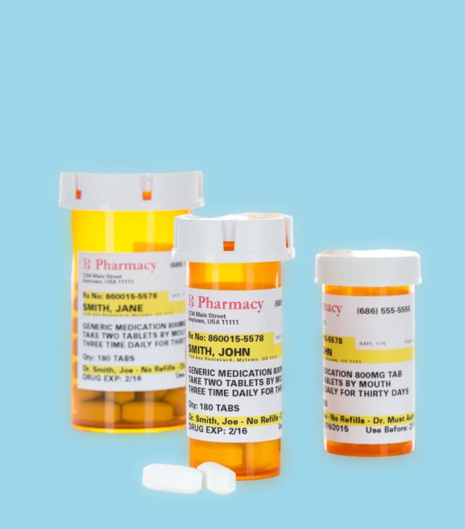 Three orange prescription pill bottles with white caps and medication labels on a blue background, representing NowPatient’s medications information database