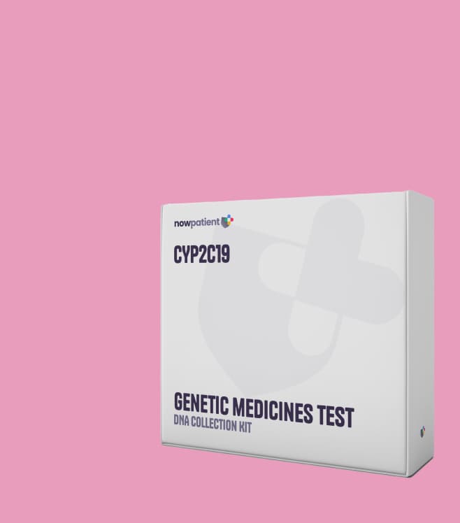 A genetic test kit box on a pink background, representing the genetic medicines compatibility test