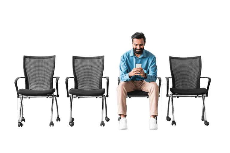 An image of a man sitting in a waiting room on a blue background, representing the Book GP Appointment feature