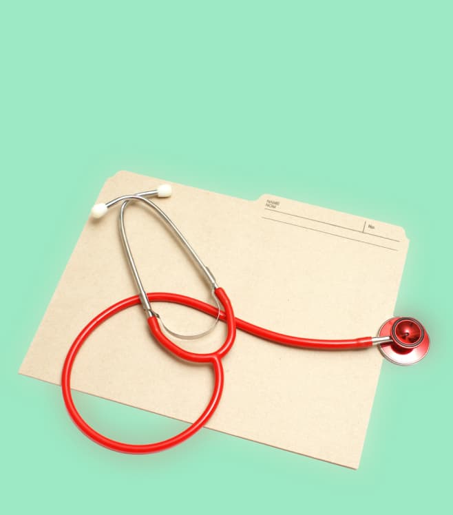An illustrated folder containing medical records and documents on a green background, representing the GP records folder feature