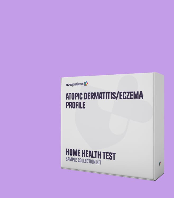 A home health test kit box on a purple background, representing at-home health testing services with results delivery