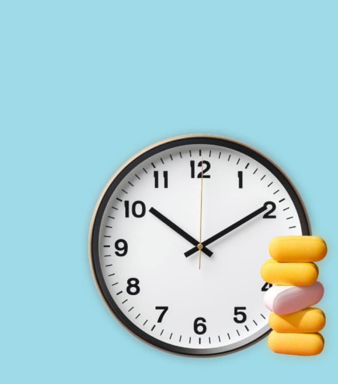 An illustrated clock and pill capsule on a teal background, representing the medication reminders feature for on-time doses