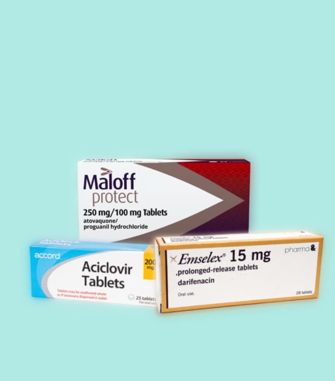 A box of maloff, aciclovir and emselex on a teal background, representing the NHS New Medicine Service