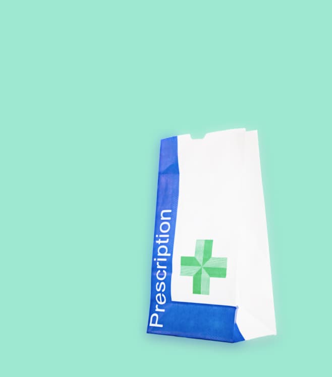 An illustrated pharmacy bag with NHS branding on a teal background, representing the NowPatient NHS online pharmacy service