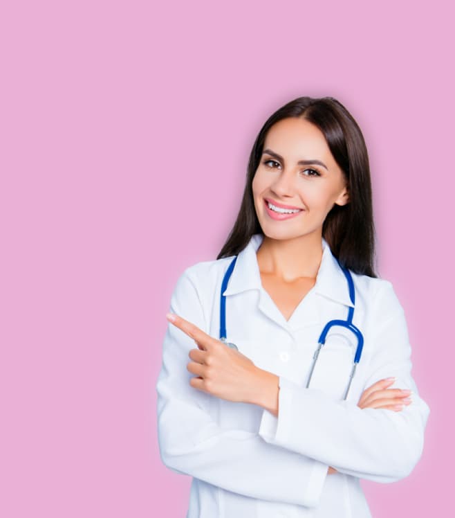 An illustrated pharmacist consulting a patient on a pink background, representing the NHS Pharmacy First consultation service