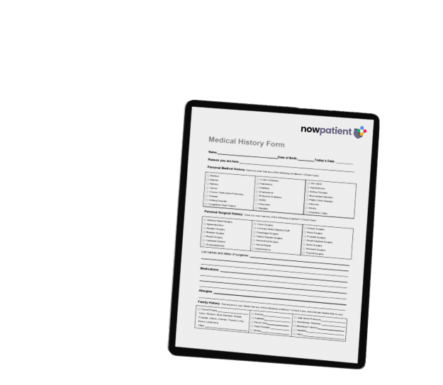 A tablet displaying a patient assistance application form on a yellow background, representing NowPatient’s patient assistance program eligibility service