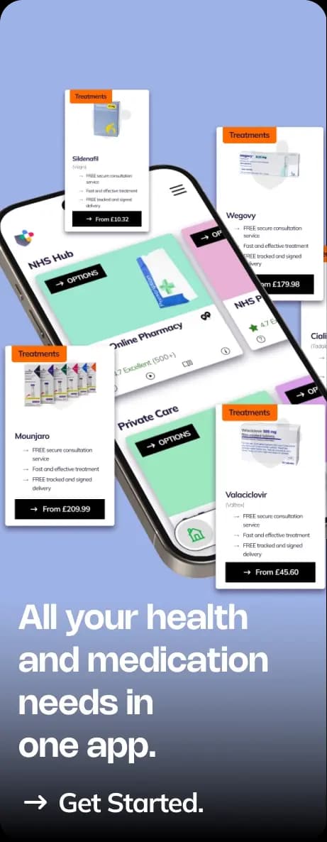 Smartphone displaying Now Patient app interface with treatment cards showing medications with prices, promoting all health and medication needs in one app