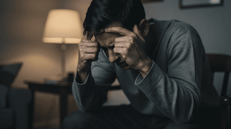 A person is sitting in a dimly lit room, pressing their fingers against their temples, indicating the severity of a migraine attack. The expression on their face suggests they are experiencing acute pain and feeling sick, typical symptoms associated with migraines.