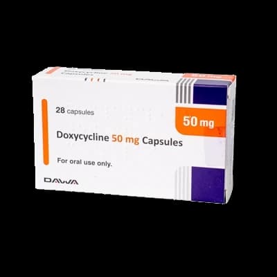 Doxycycline 50mg capsules on a white background.