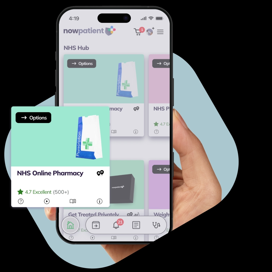 Desktop: A hand holding a smartphone showing the NowPatient’s app screen, with a NHS Online Pharmacy card rated 4.7 Excellent by 500+ users.