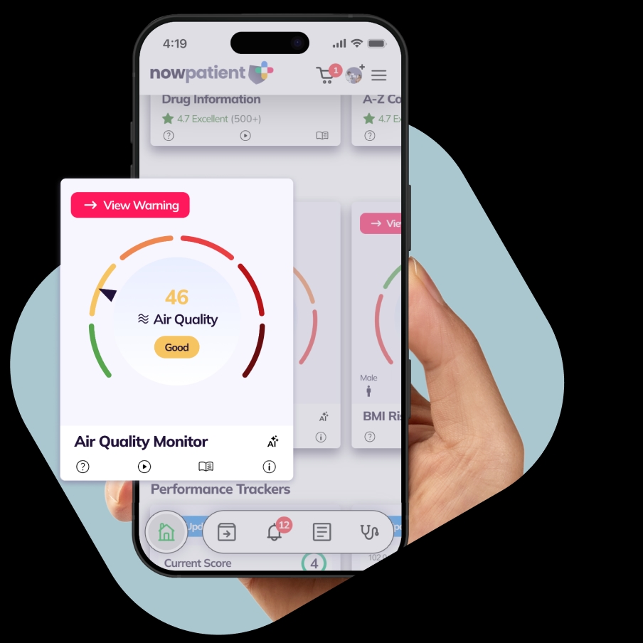 A hand holding a smartphone showing the NowPatient’s app screen, with a Air Quality Monitor card rated 4.7 Excellent by 500+ users.