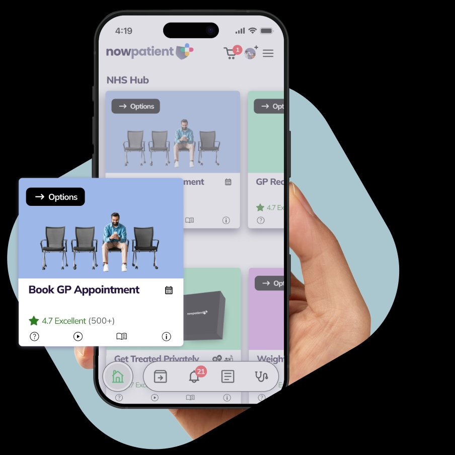 A hand holding a smartphone showing the NowPatient’s app screen, with a Book GP Appointment card rated 4.7 Excellent by 500+ users.