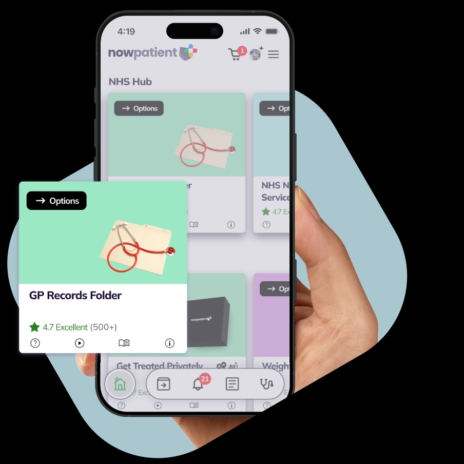 A hand holding a smartphone showing the NowPatient’s app screen, with a GP Records Folder card rated 4.7 Excellent by 500+ users.