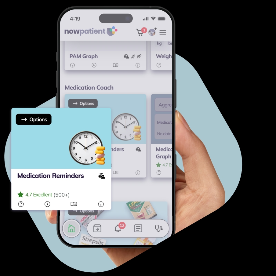 A hand holding a smartphone showing the NowPatient’s app screen, with a Medication Reminders card rated 4.7 Excellent by 500+ users.