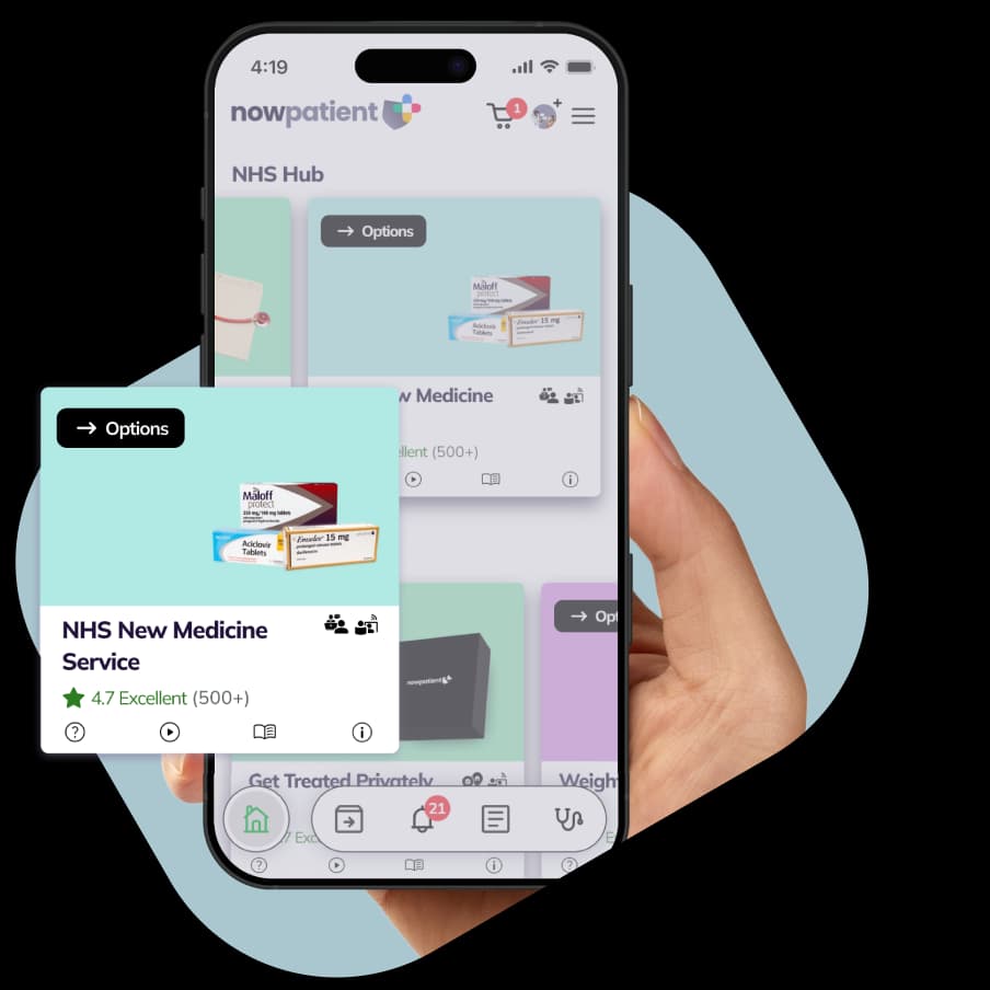 A hand holding a smartphone showing the NowPatient’s app screen, with a NHS New Medicine Service card rated 4.7 Excellent by 500+ users.
