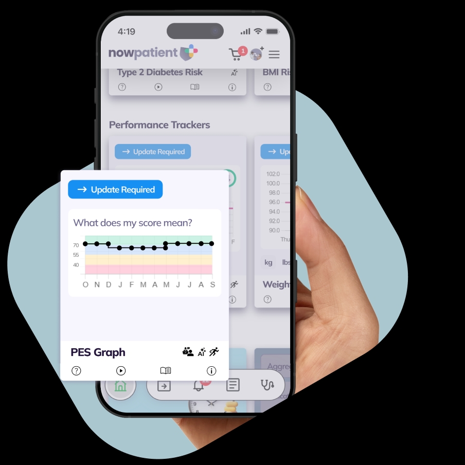 A hand holding a smartphone showing the NowPatient’s app screen, with a Patient Engagement Score card rated 4.7 Excellent by 500+ users.