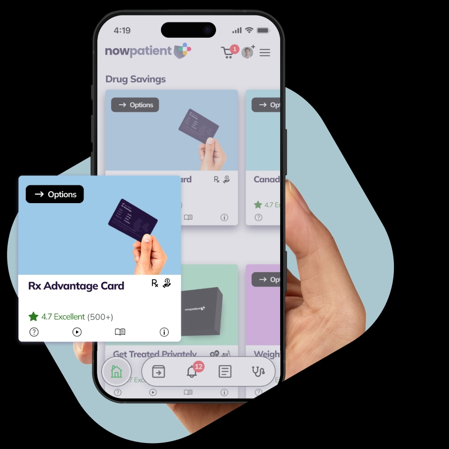 A hand holding a smartphone showing the NowPatient’s app screen, with a Rx Advantage Card card rated 4.7 Excellent by 500+ users.