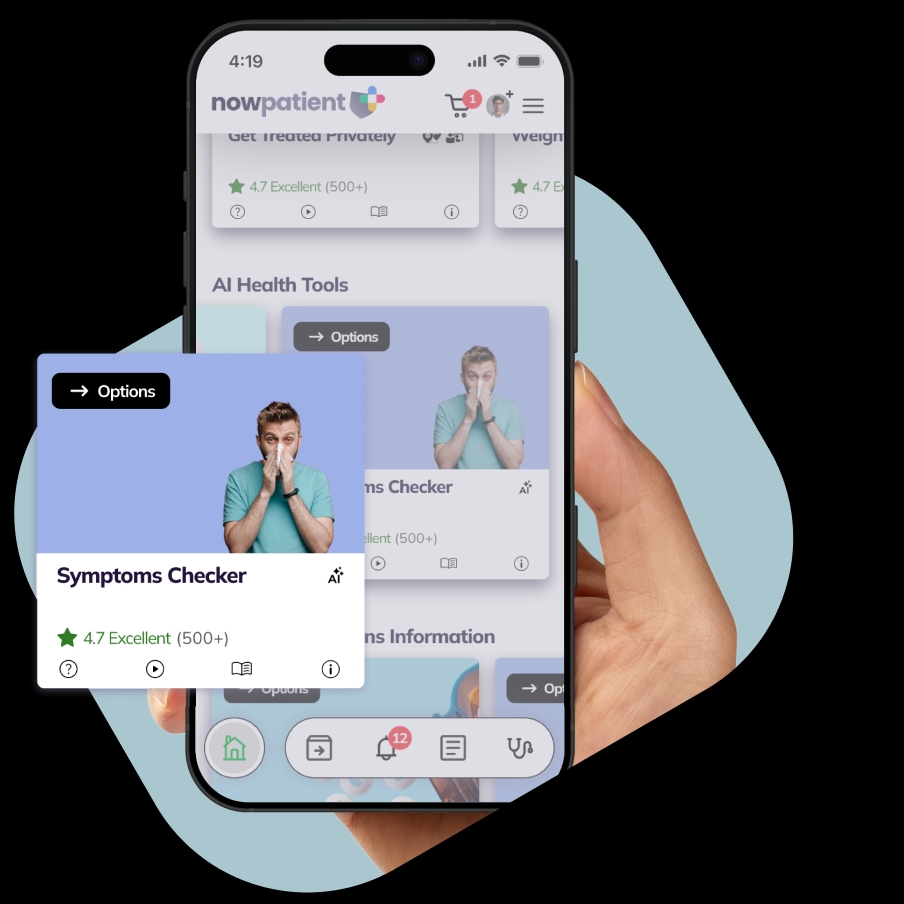 A hand holding a smartphone showing the NowPatient’s app screen, with a Symptoms Checker card rated 4.7 Excellent by 500+ users.