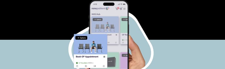 A hand holding a smartphone showing the NowPatient’s app screen, with a Book GP Appointment card rated 4.7 Excellent by 500+ users.