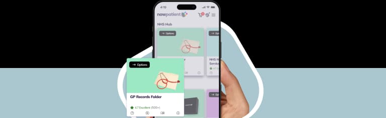 A hand holding a smartphone showing the NowPatient’s app screen, with a GP Records Folder card rated 4.7 Excellent by 500+ users.