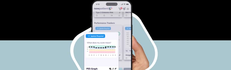 A hand holding a smartphone showing the NowPatient’s app screen, with a Patient Engagement Score card rated 4.7 Excellent by 500+ users.