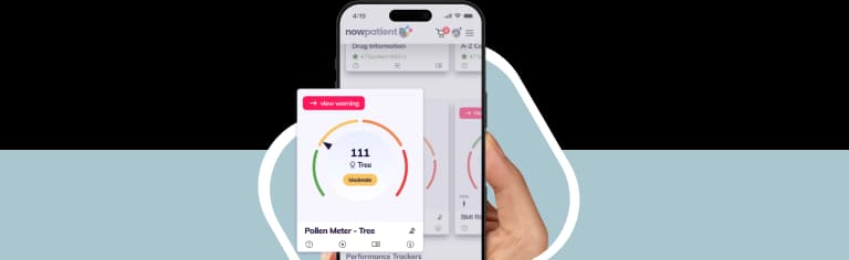 A hand holding a smartphone showing the NowPatient’s app screen, with a Pollen Meter card rated 4.7 Excellent by 500+ users.