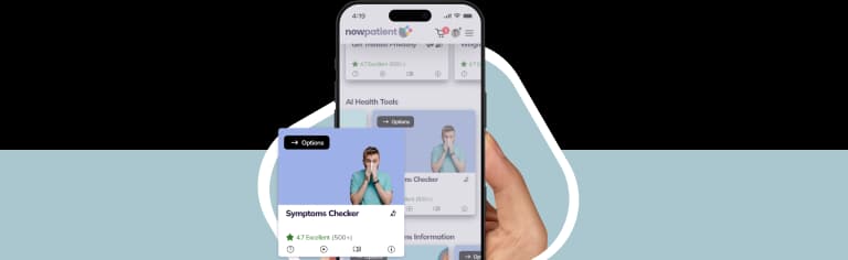 A hand holding a smartphone showing the NowPatient’s app screen, with a Symptoms Checker card rated 4.7 Excellent by 500+ users.