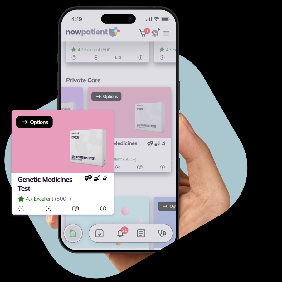 A hand holding a smartphone showing the NowPatient’s app screen, with a Genetic Medicines Test card rated 4.7 Excellent by 500+ users.