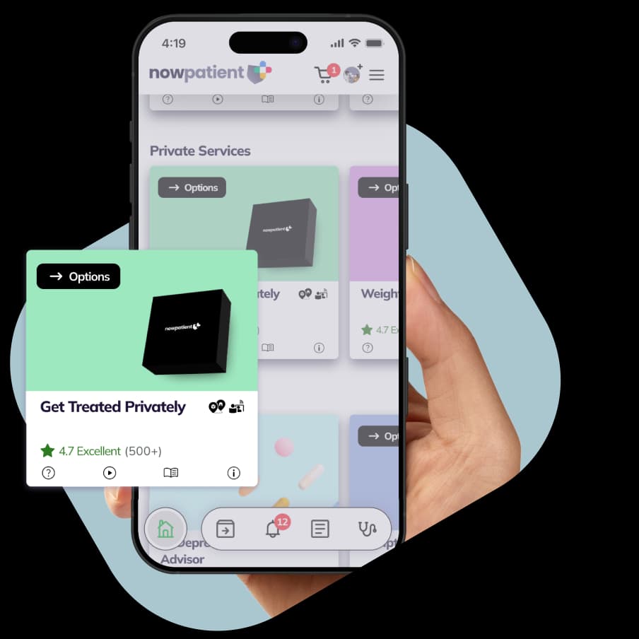 A hand holding a smartphone showing the NowPatient’s app screen, with a Get Treated Privately card rated 4.7 Excellent by 500+ users.