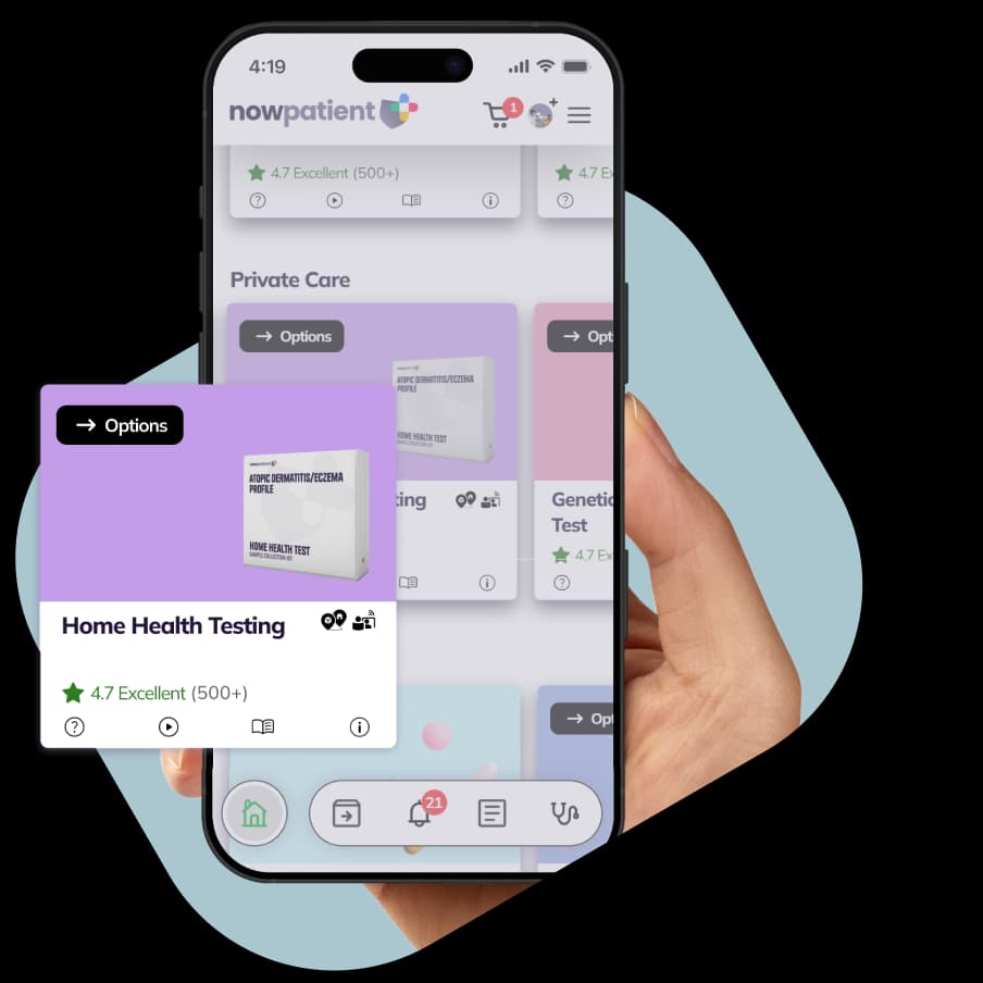A hand holding a smartphone showing the NowPatient’s app screen, with a Home Health Testing card rated 4.7 Excellent by 500+ users.