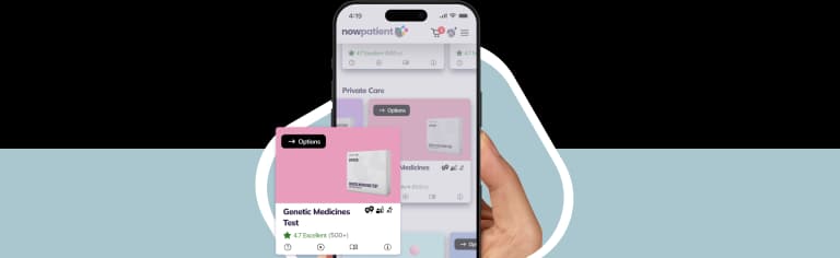 A hand holding a smartphone showing the NowPatient’s app screen, with a Genetic Medicines Test card rated 4.7 Excellent by 500+ users.