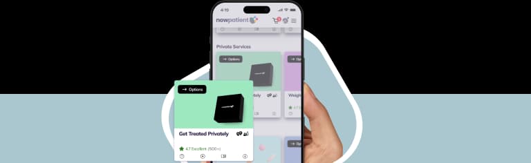 A hand holding a smartphone showing the NowPatient’s app screen, with a Get Treated Privately card rated 4.7 Excellent by 500+ users.