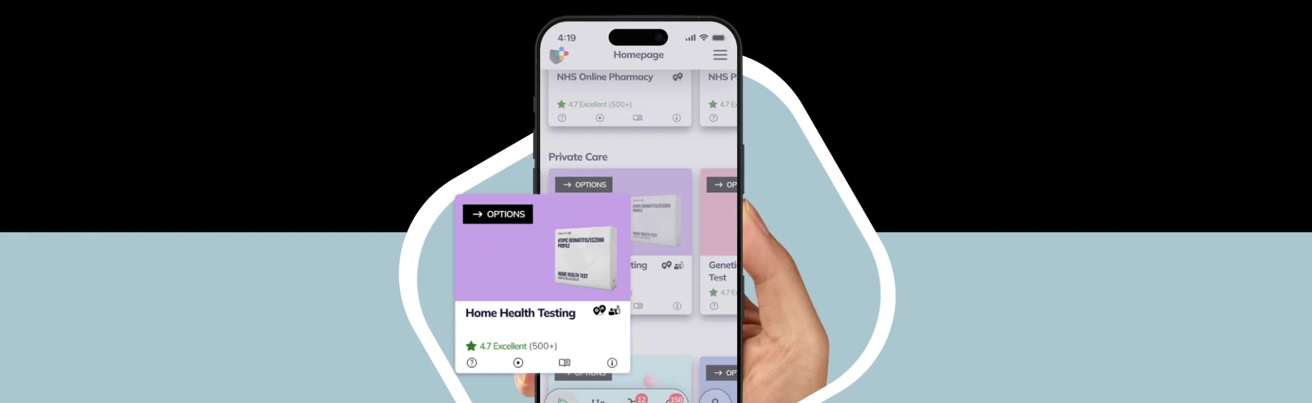 A hand holding a smartphone showing the NowPatient’s app screen, with a Home Health Testing card rated 4.7 Excellent by 500+ users.
