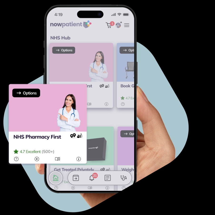 A hand holding a smartphone showing the NowPatient’s app screen, with a NHS Pharmacy First card rated 4.7 Excellent by 500+ users.