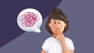 A woman with a speech bubble and a tangle of mental health report.