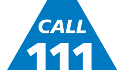 A blue triangle with the words call 911 on it for emergency prescriptions.