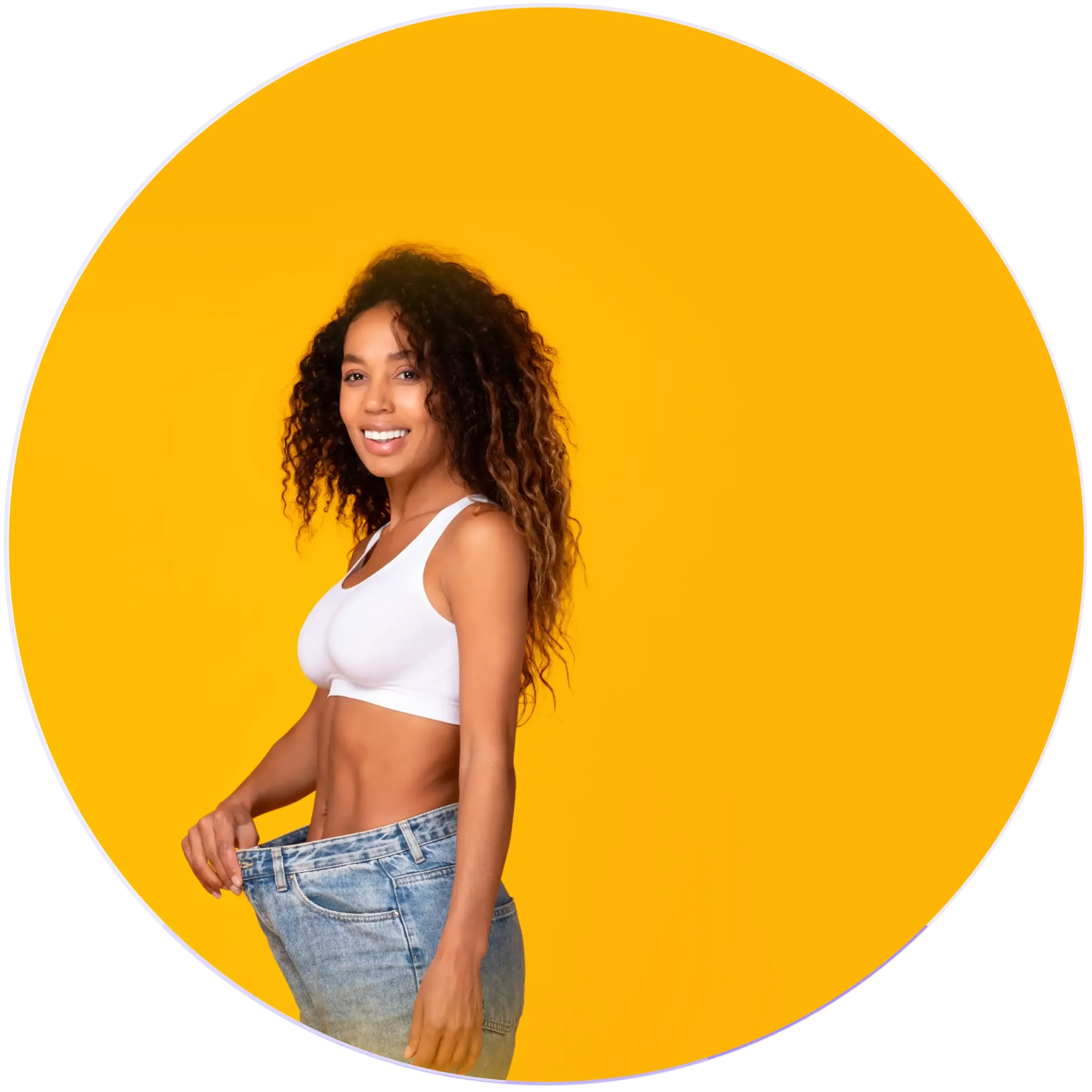 Woman demonstrating her weight loss by pulling away excess waistband on jeans against a yellow background, showcasing her diet success.