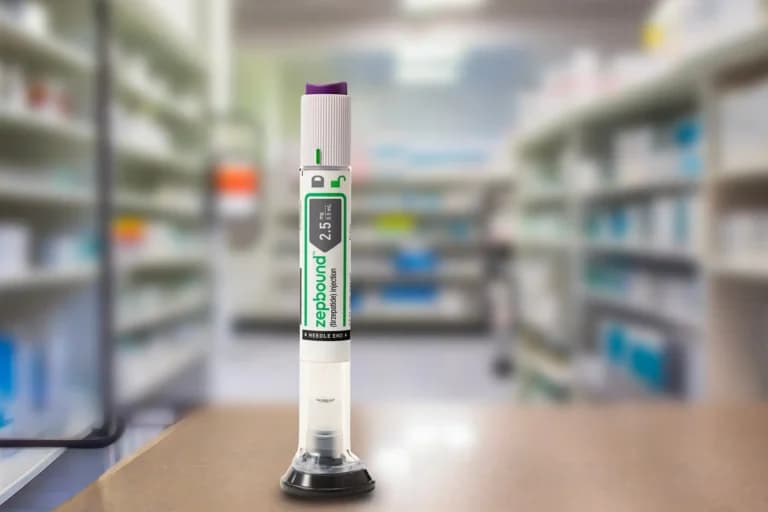 A digital handheld pipette on a stand, displaying a volume of 2.5 ml, placed on a counter with a blurred pharmacy shelf background, covered with a Zepbound material for enhanced durability