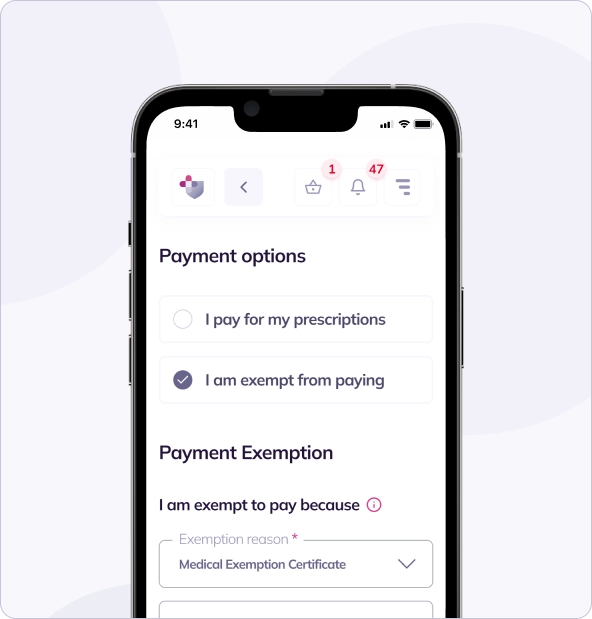 Smartphone screen displaying a payment options interface for prescriptions with options to pay or to declare exemption due to a medical exemption certificate.