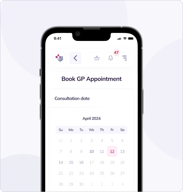 A smartphone screen displaying a booking interface for a gp appointment, showing a calendar set to april with the 12th highlighted.