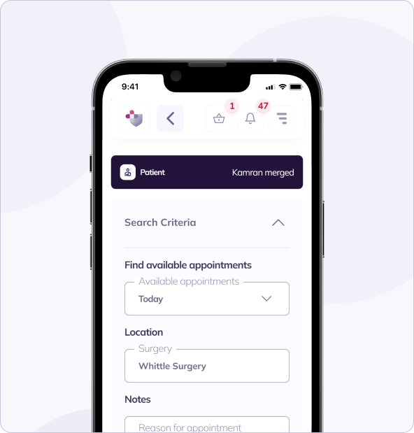 Smartphone displaying a healthcare app interface, showing options for searching available appointments at a specified location and date.