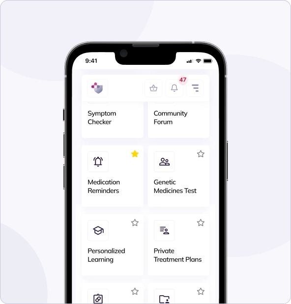 Smartphone screen displaying a health app interface with options for symptom checker, community forum, medication reminders, genetics test, personalized learning, and treatment plans.