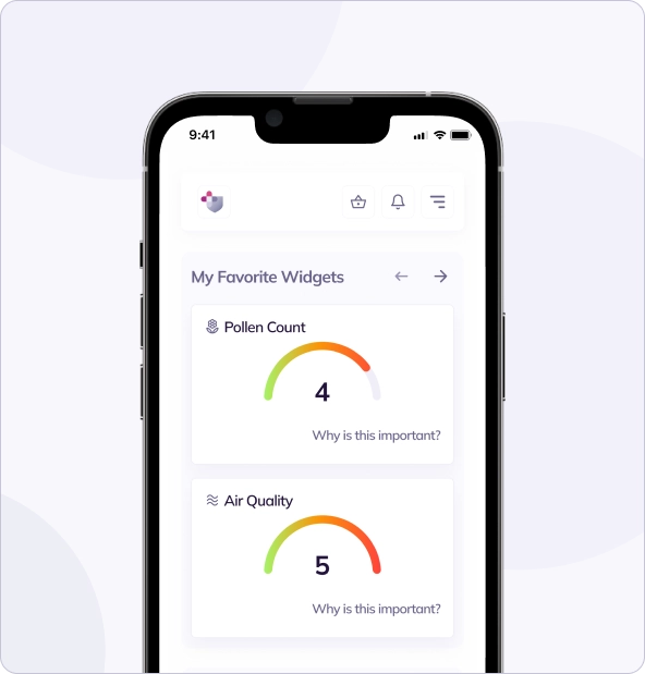 Smartphone displaying an app with "my favorite widgets" screen showing widgets for pollen count and air quality, each with a gauge and a numerical value.