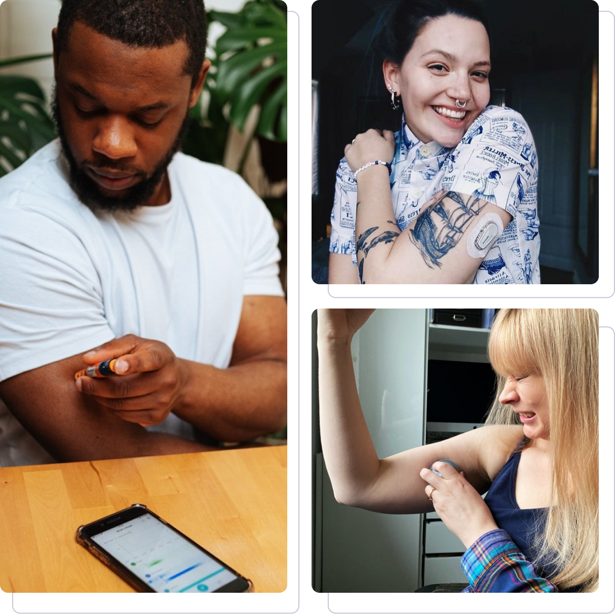 Collage of three people applying diabetes monitoring devices on different body parts, each smiling or focused.