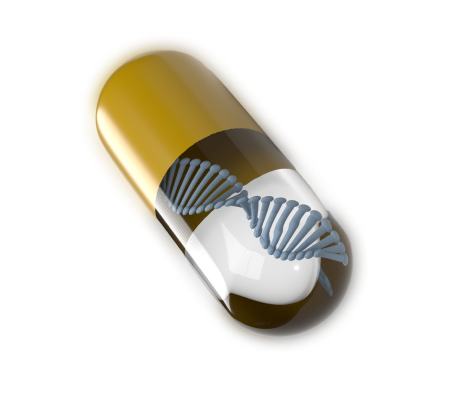 Capsule containing a DNA helix, symbolizing genetic or personalized medicine.