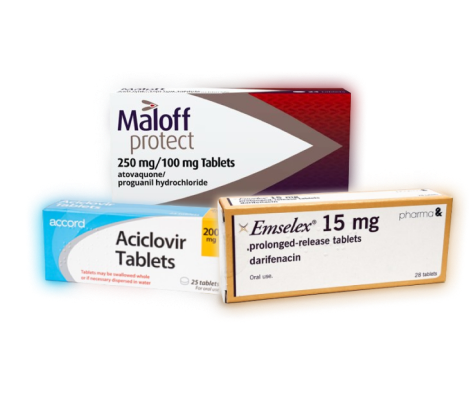 Boxes of prescription medication including Maloff Protect, aciclovir tablets, and Emselex.